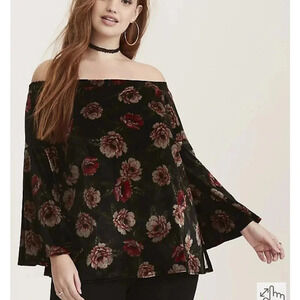 Torrid Floral Print Velvet Off Shoulder Bell Sleeve Top Size 3
